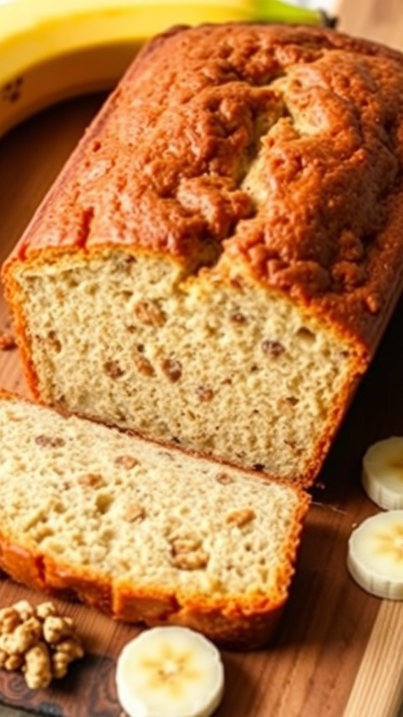 A loaf of banana bread sliced to show moist texture, with banana slices and walnuts on a wooden cutting board.